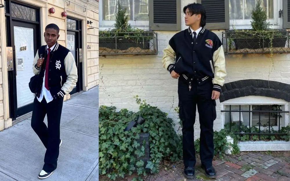 A dress shirt and trousers paired with a varsity jacket a blend of playfulness and sophistication