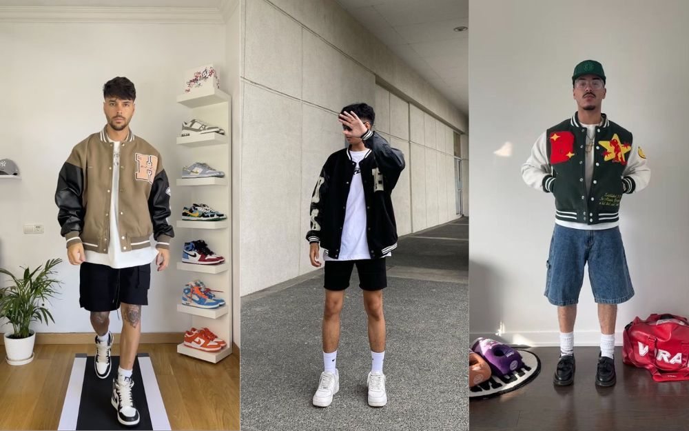 A dynamic outfit with a varsity jacket and shorts