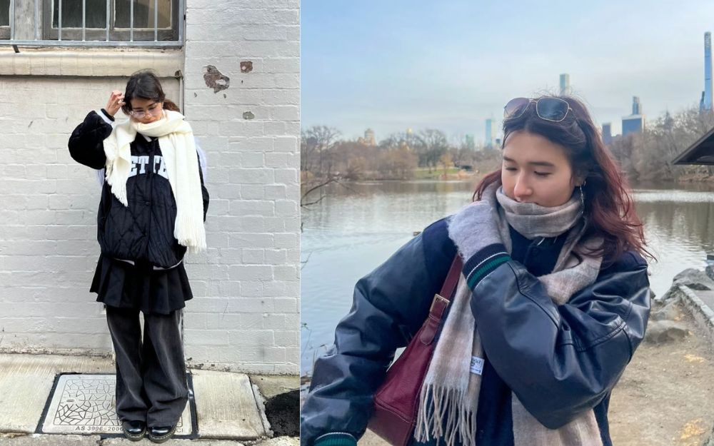 Combining a scarf with a varsity jacket