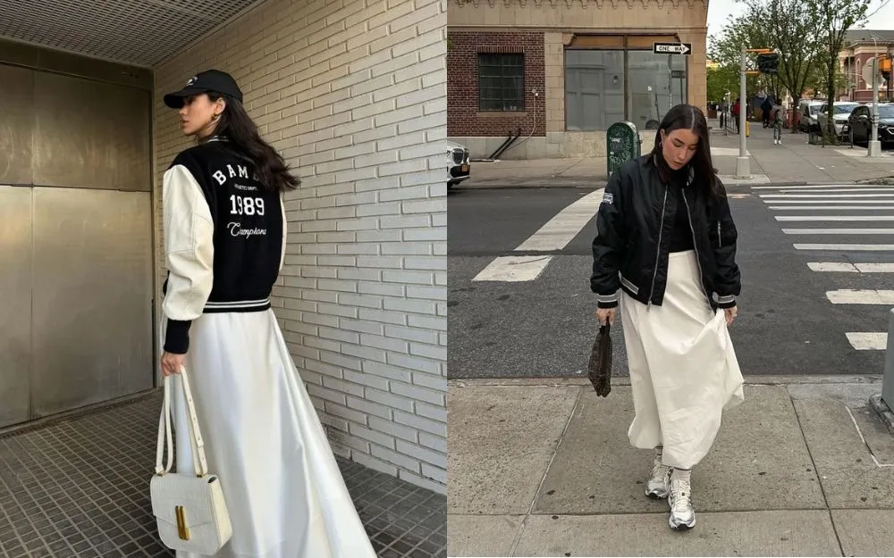 Feminine maxi dress combined with a varsity jacket
