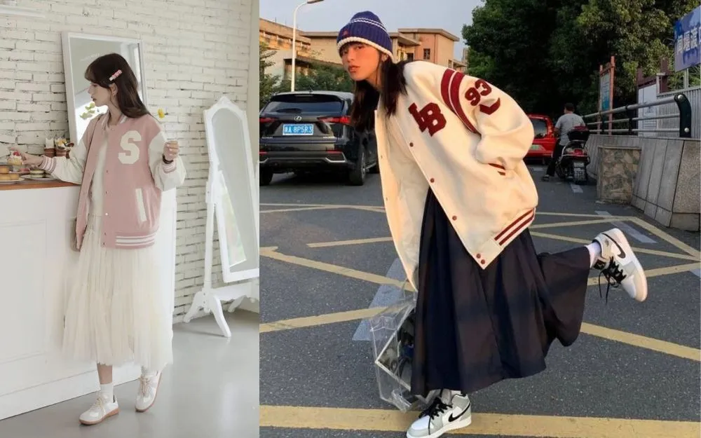 Styling a varsity jacket with a midi skirt