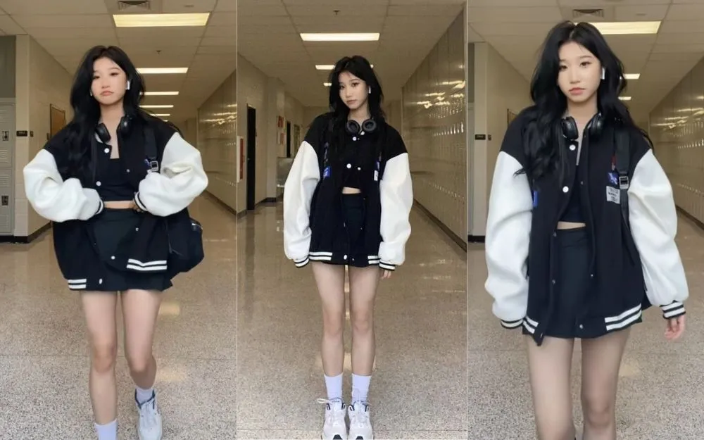 Styling a varsity jacket with a tennis skirt