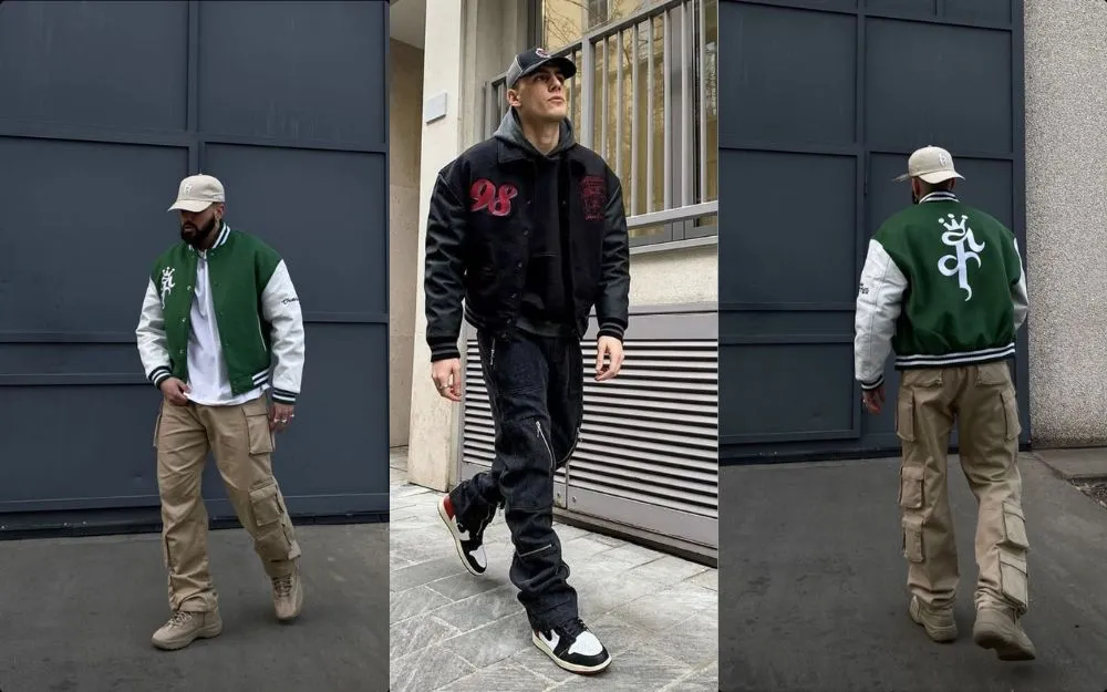 Styling cargo pants with a varsity jacket