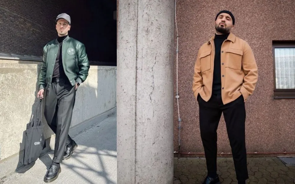 Turtleneck sweater and jeans with a varsity jacket for men