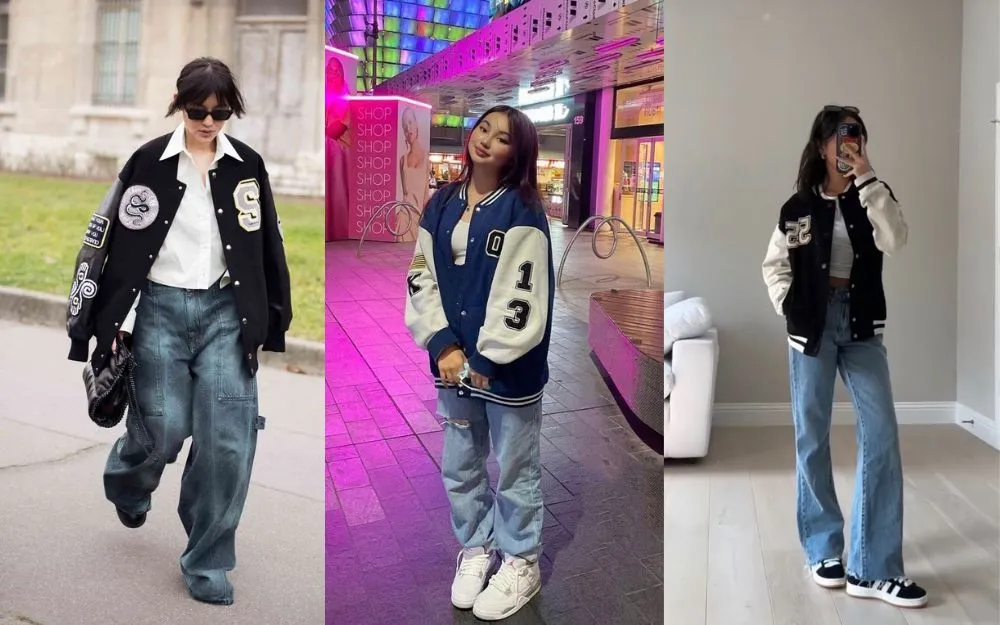 Varsity jacket and wide leg jeans